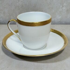 Vintage Victoria China Czechoslovakia Cup Saucer Set White Gold Encrusted Trim